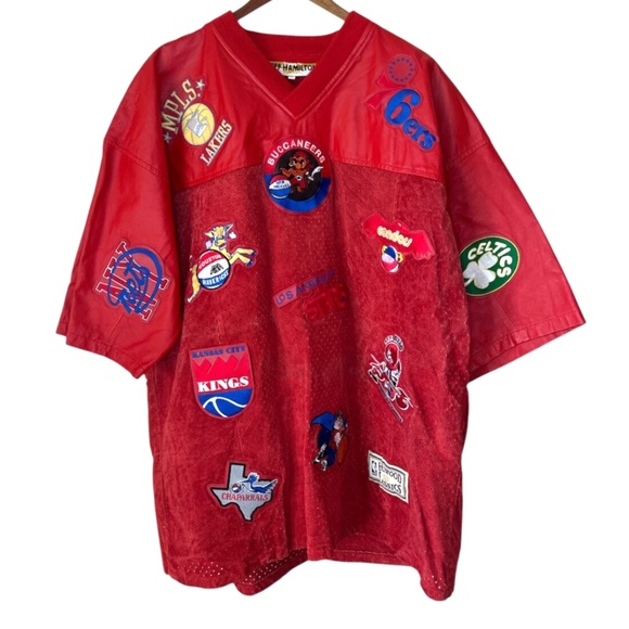 Vintage Jeff Hamilton NBA Patch Red Leather & Suede Sports Shirt XL - Picture 10 of 12